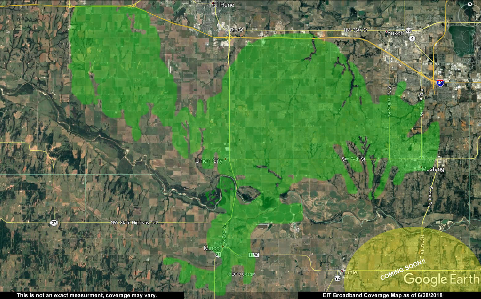 Regional EIT Broadband coverage map showing service footprint around El Reno, Yukon, Mustang, Union City, Minco, and surrounding areas.